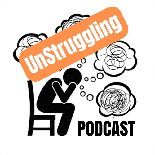 Stick man on chair. Head in hands. Thought bubbles coming from his head. Head bubbles scrambled thoughts inside. Let's UnStruggle Together. UnStruggle Podcast - Simple Steps for Mental Health