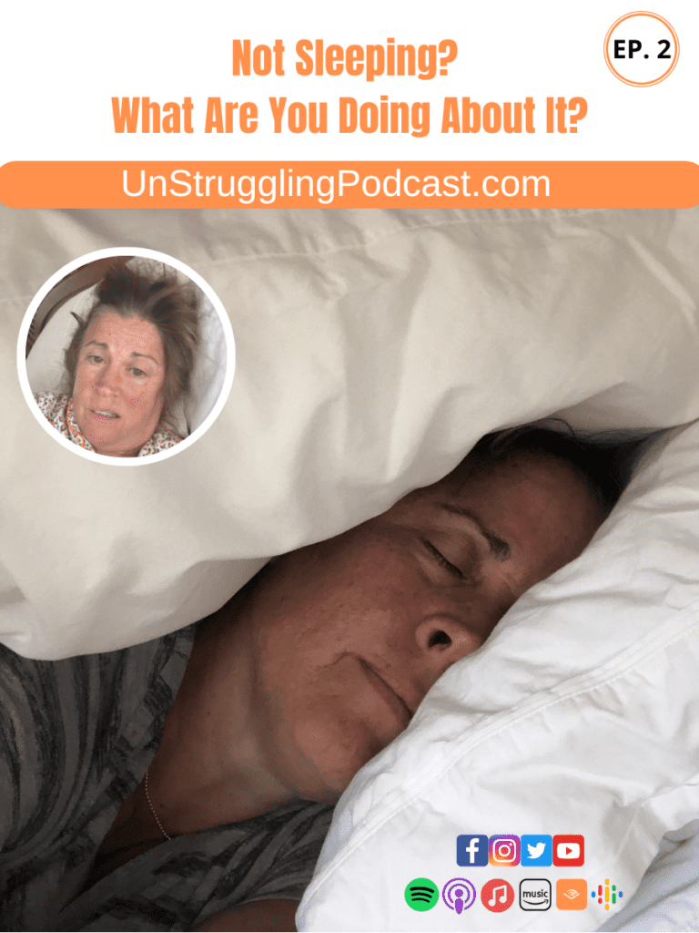 Old Lady Dodge with a sleeping with a pillow wrapped around her head. Small circle frame inserted with distressed, not sleeping face. Episode Not Sleeping? What are you doing about it?
